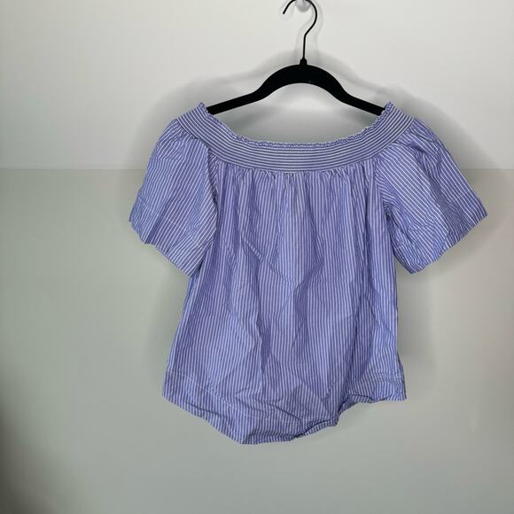 J. Crew Blue and White Off The Shoulder Short Sleeve Blouse - Picture 1 of 6